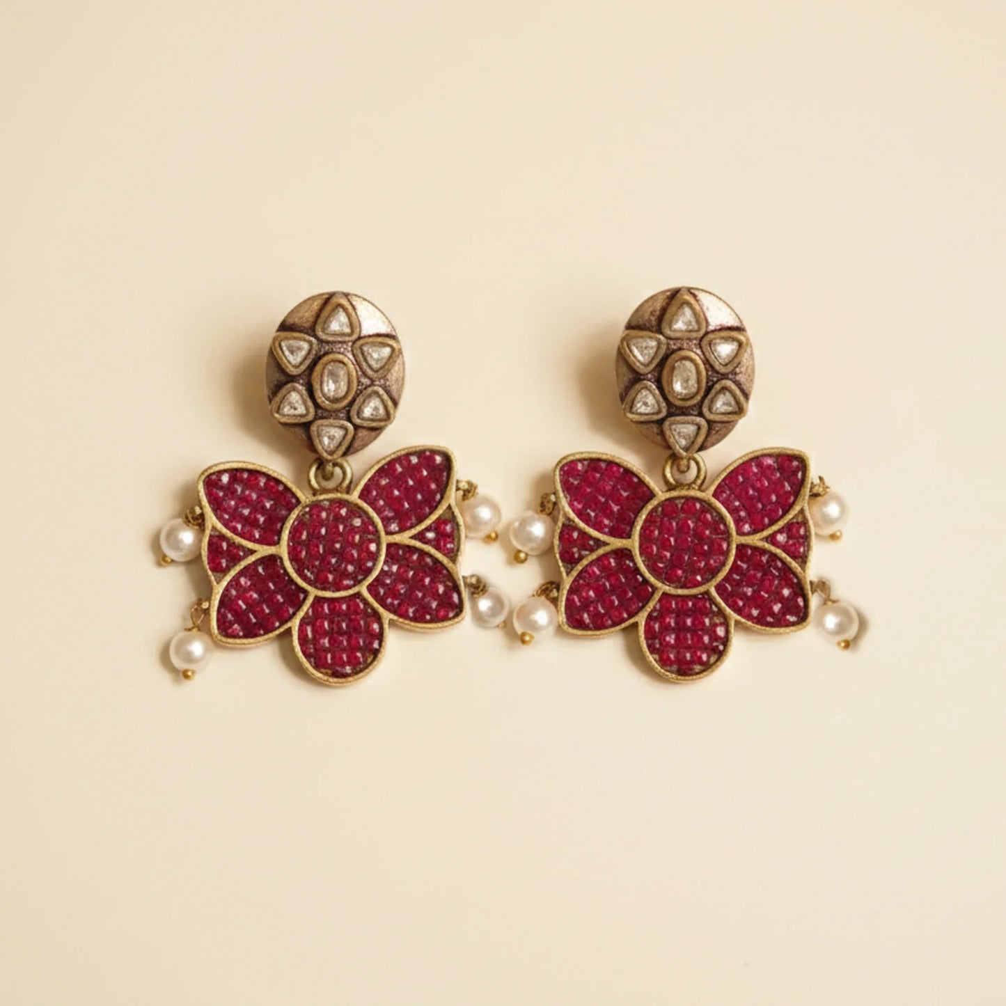 Ruby Floral Polki Pearl Choker Set - Malaiyyo