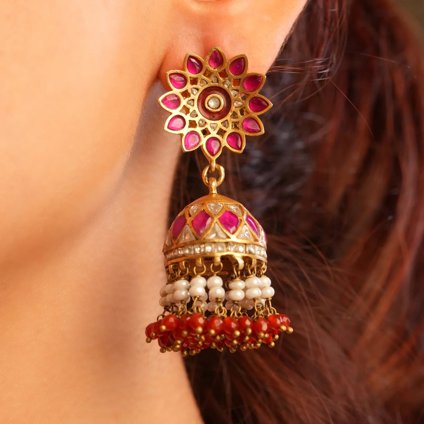 Pink Enamel Jhumka Earrings - Malaiyyo