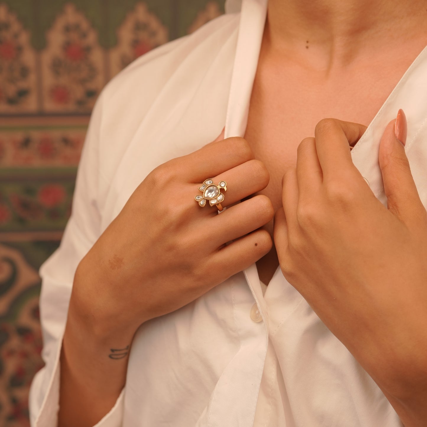 Matte Finish Bird Motif Polki Ring