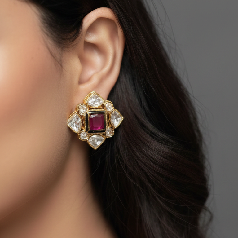 Gold Finish Kundan Mosaic Stud Earrings