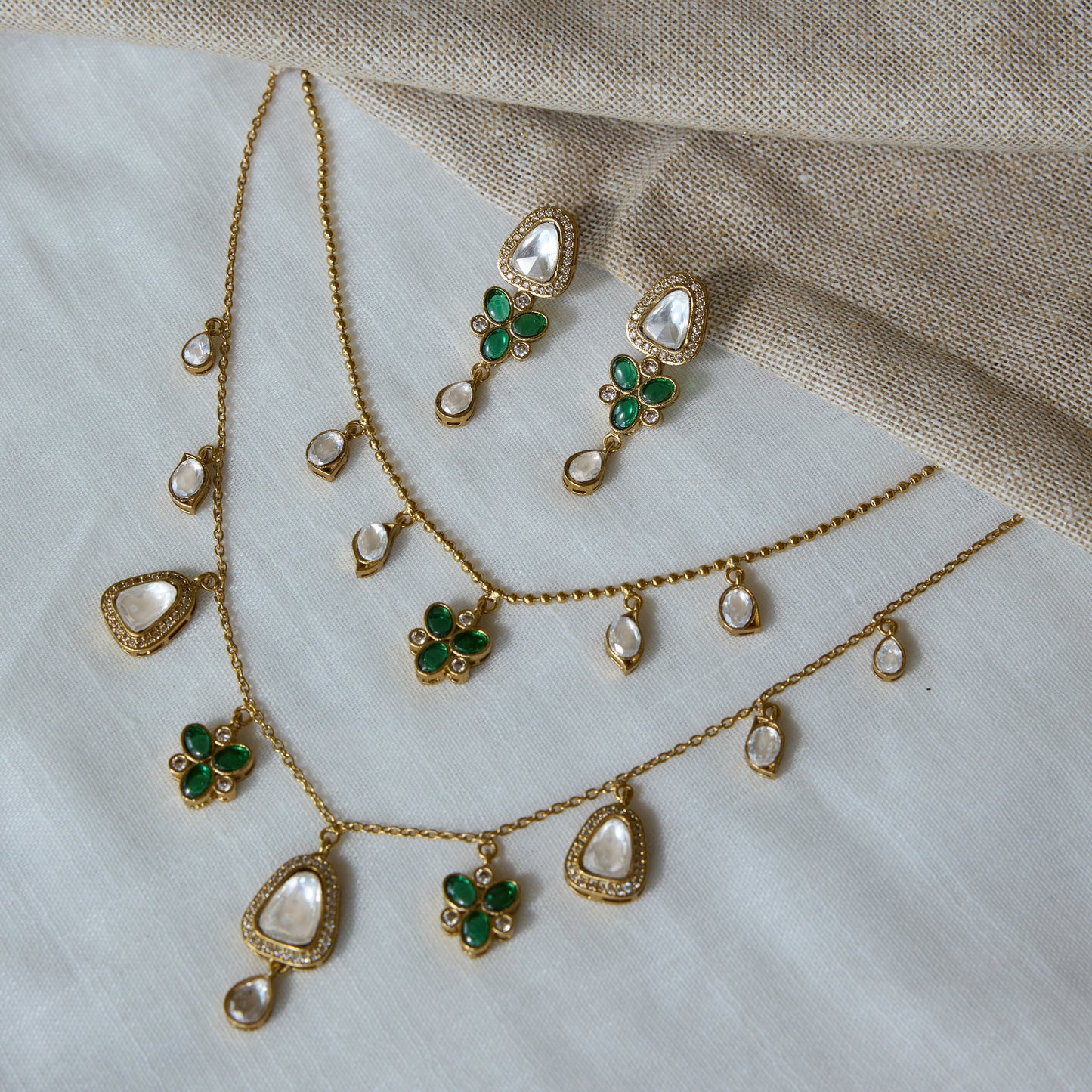 Emerald Charm Polki Necklace and Earrings Set