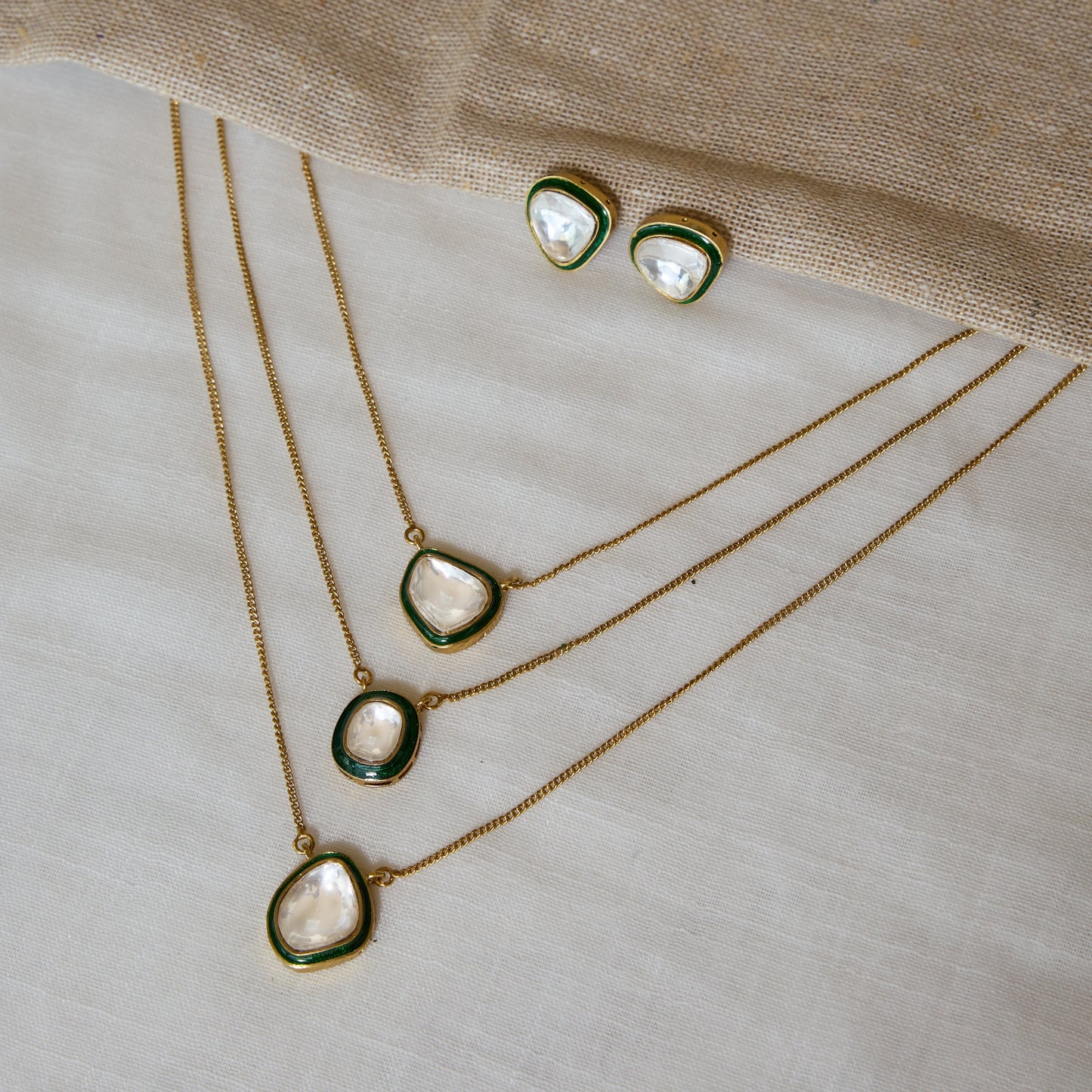 Green Enamel Layered Polki Necklace Set