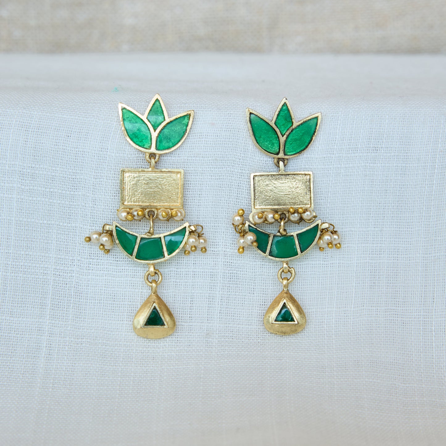 Emerald Lotus Pearl Drop Earrings