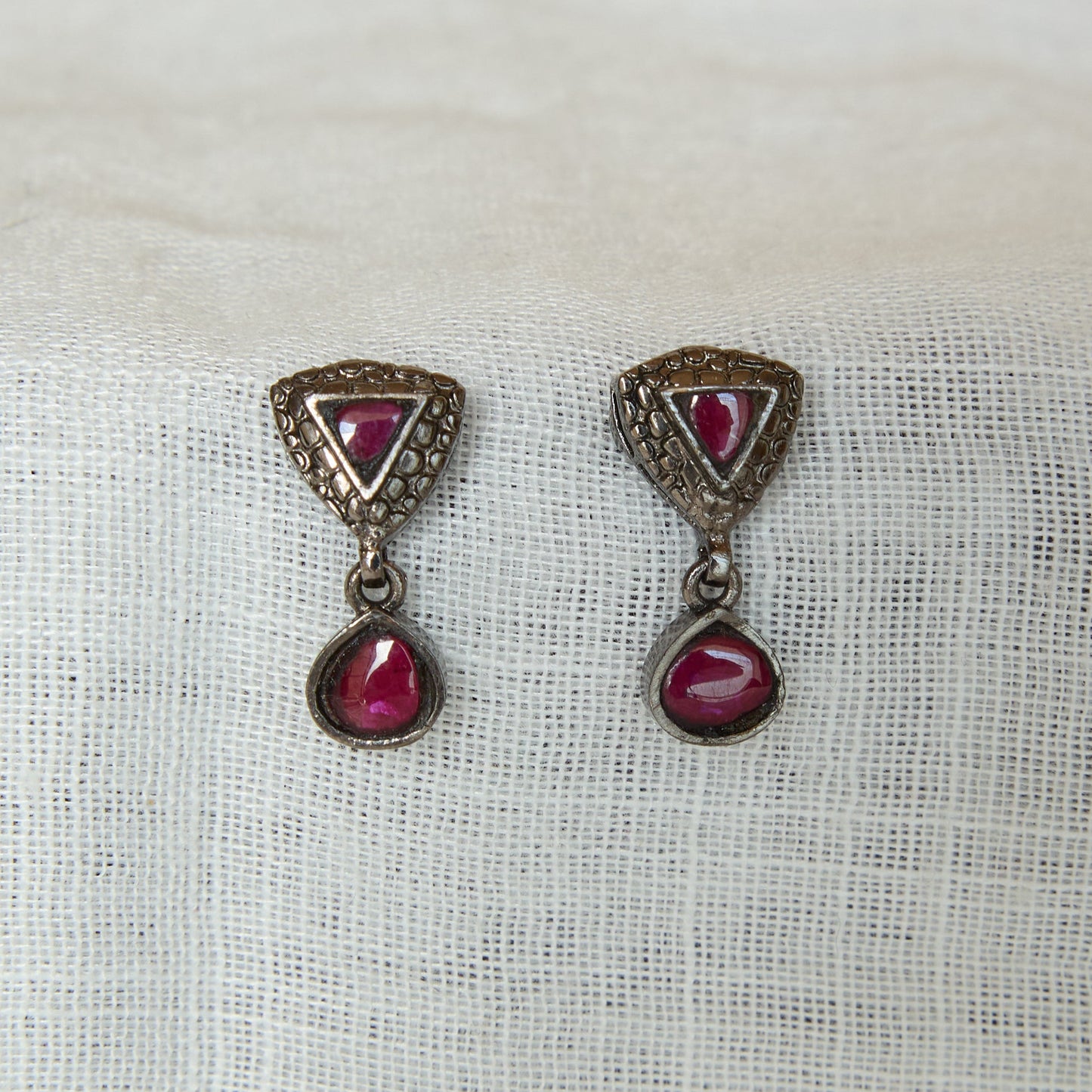 Black Rhodium Finish Ruby Triangle Drop Earrings