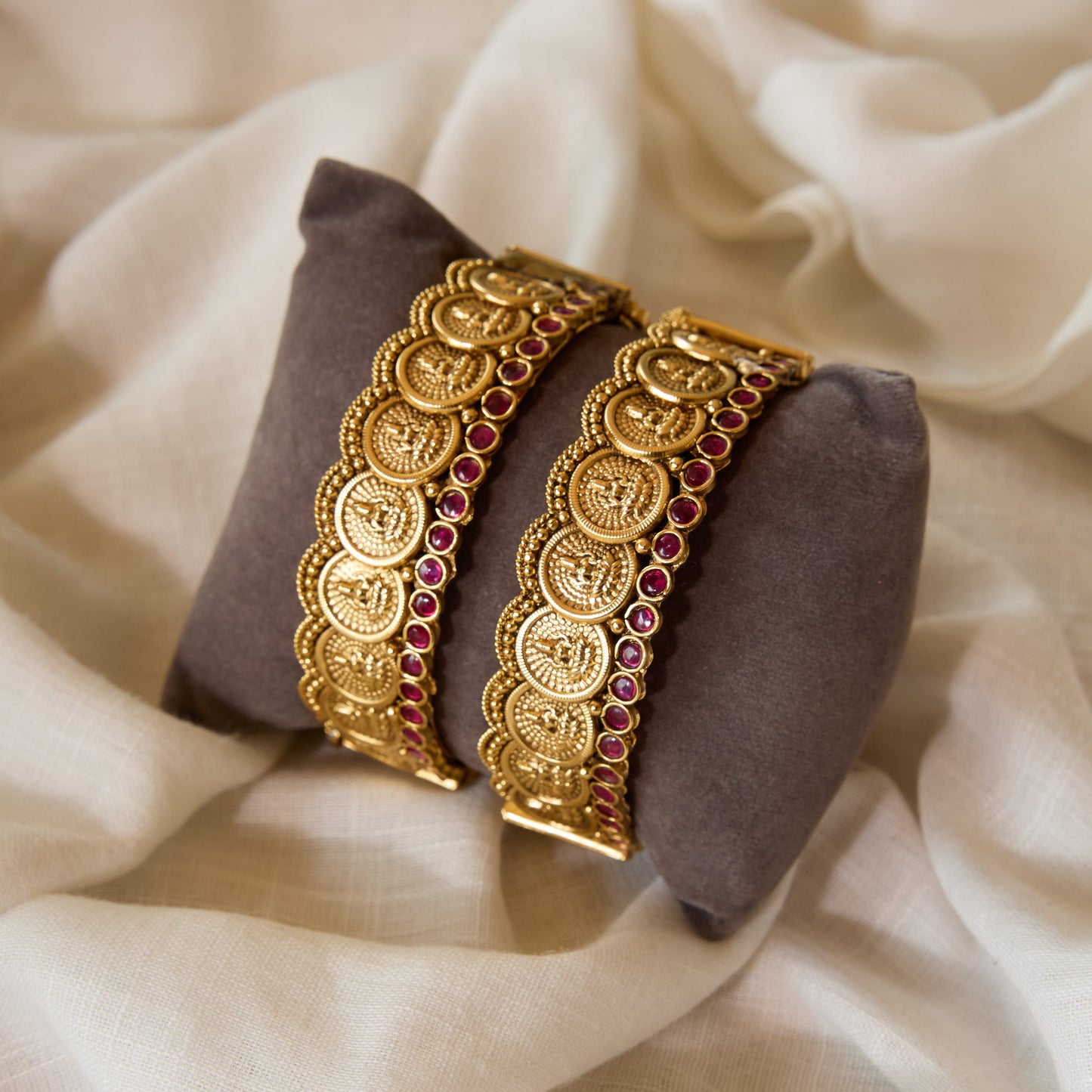 Temple Coin Motif Matte Gold Bangles
