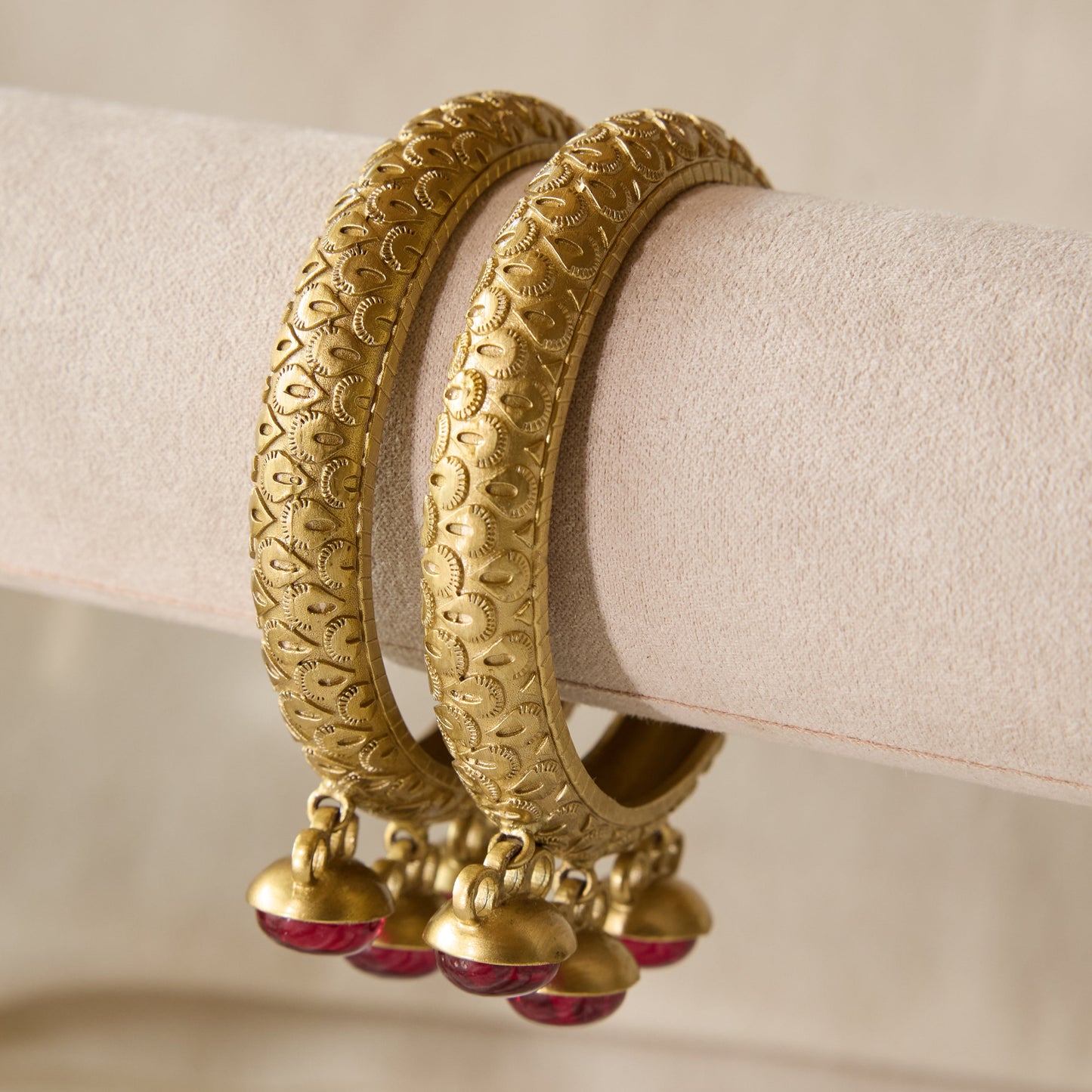 Antique Gold Carved Ruby Stone Tassel Bangle Set of 2