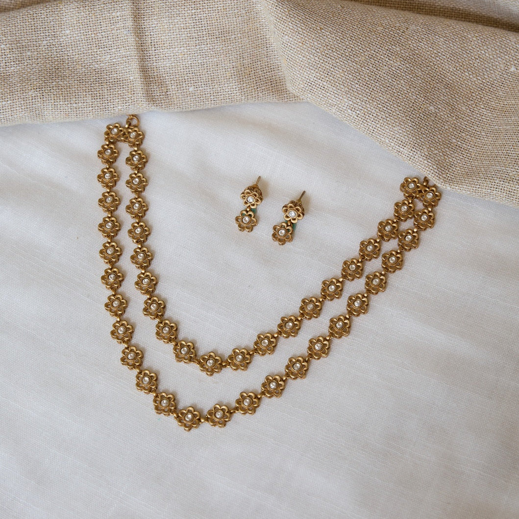 Floral Crystal Chain Necklace and Earrings Set