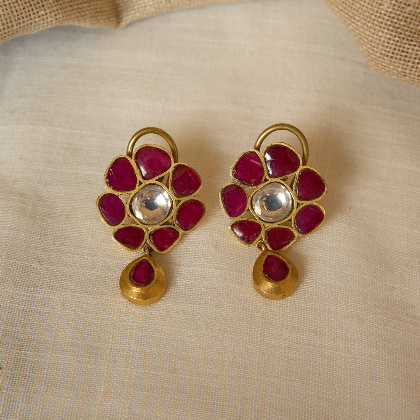 Matte Gold Finish Ruby Kundan Rosette Drop Earrings