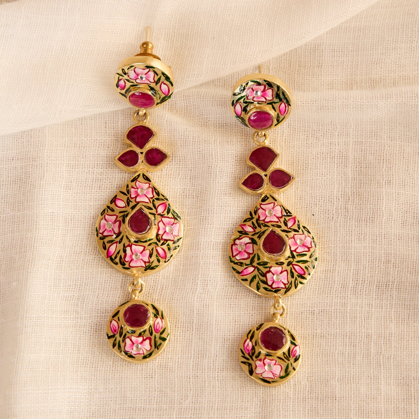 Meenakaari Ruby Floral Drop Earrings