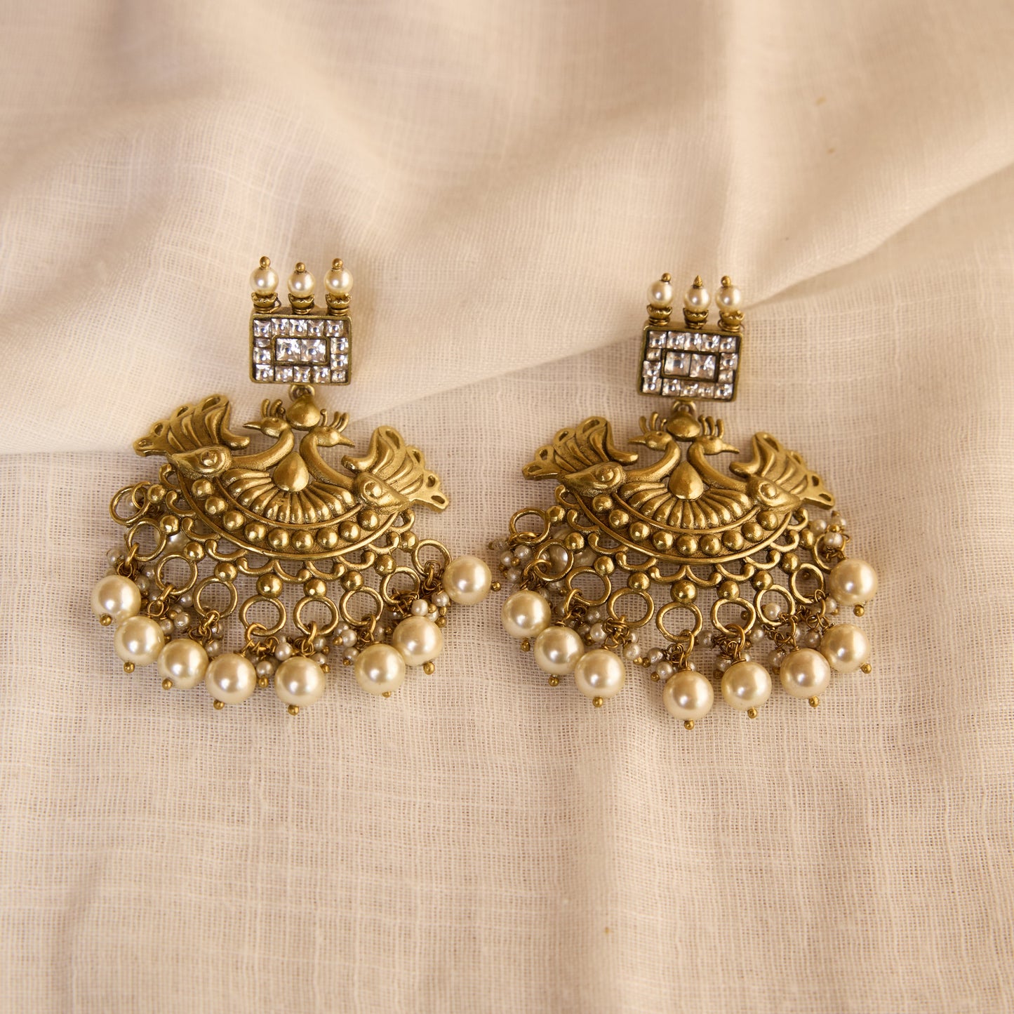 Antique Gold Temple Pearl Chandbali Earrings