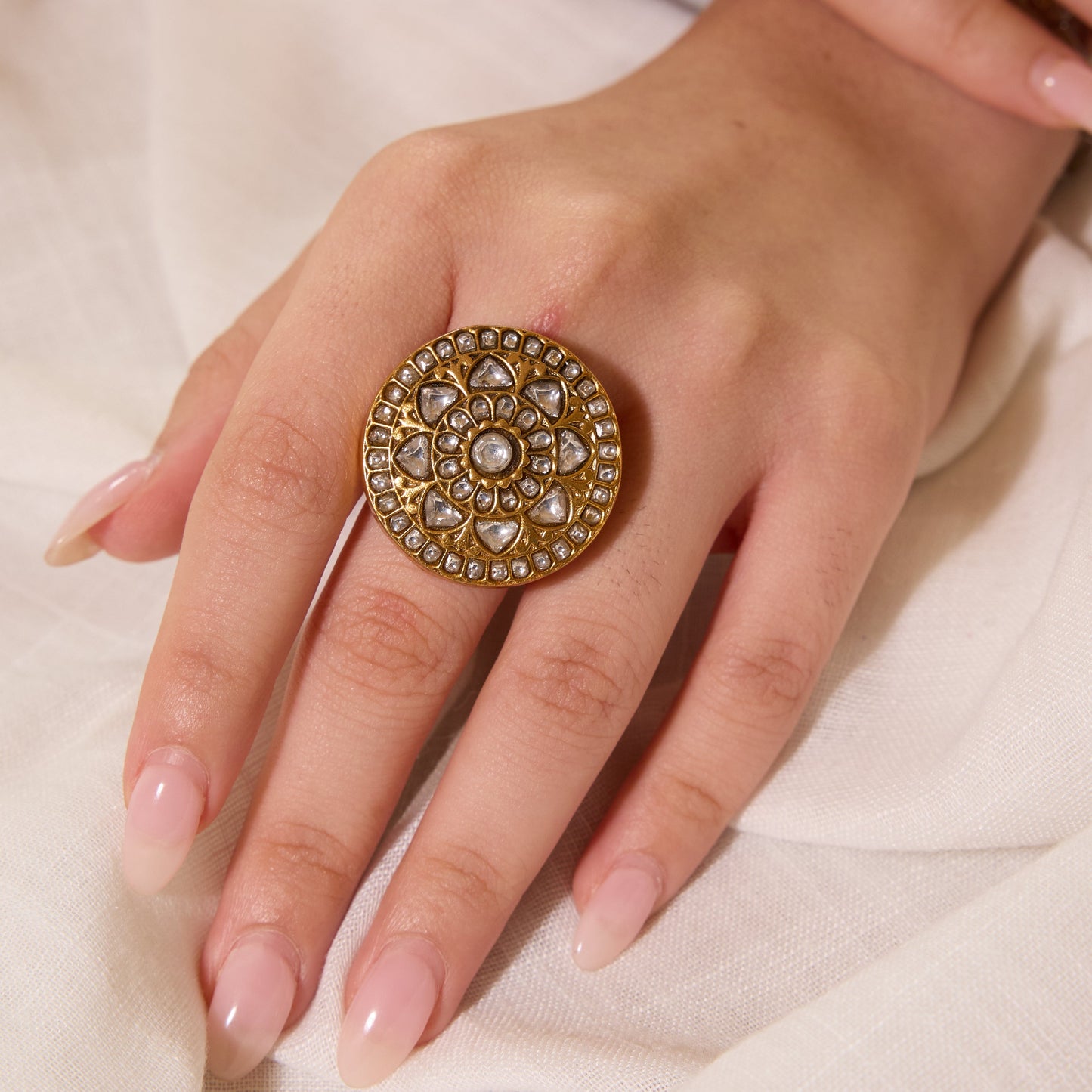 Layered Floral Polki Round Ring