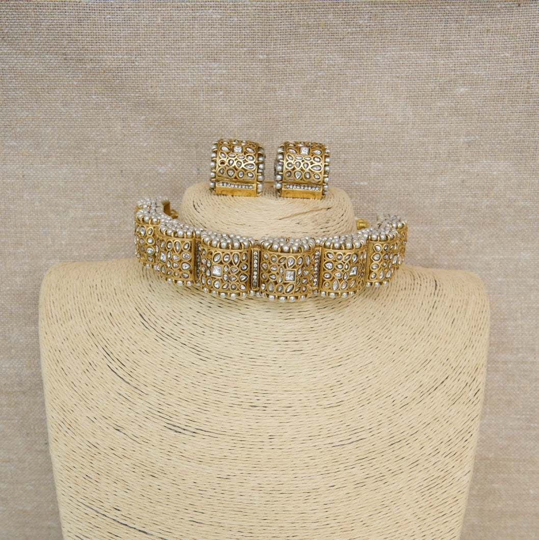 Polki Panel Choker Necklace and Earrings Set