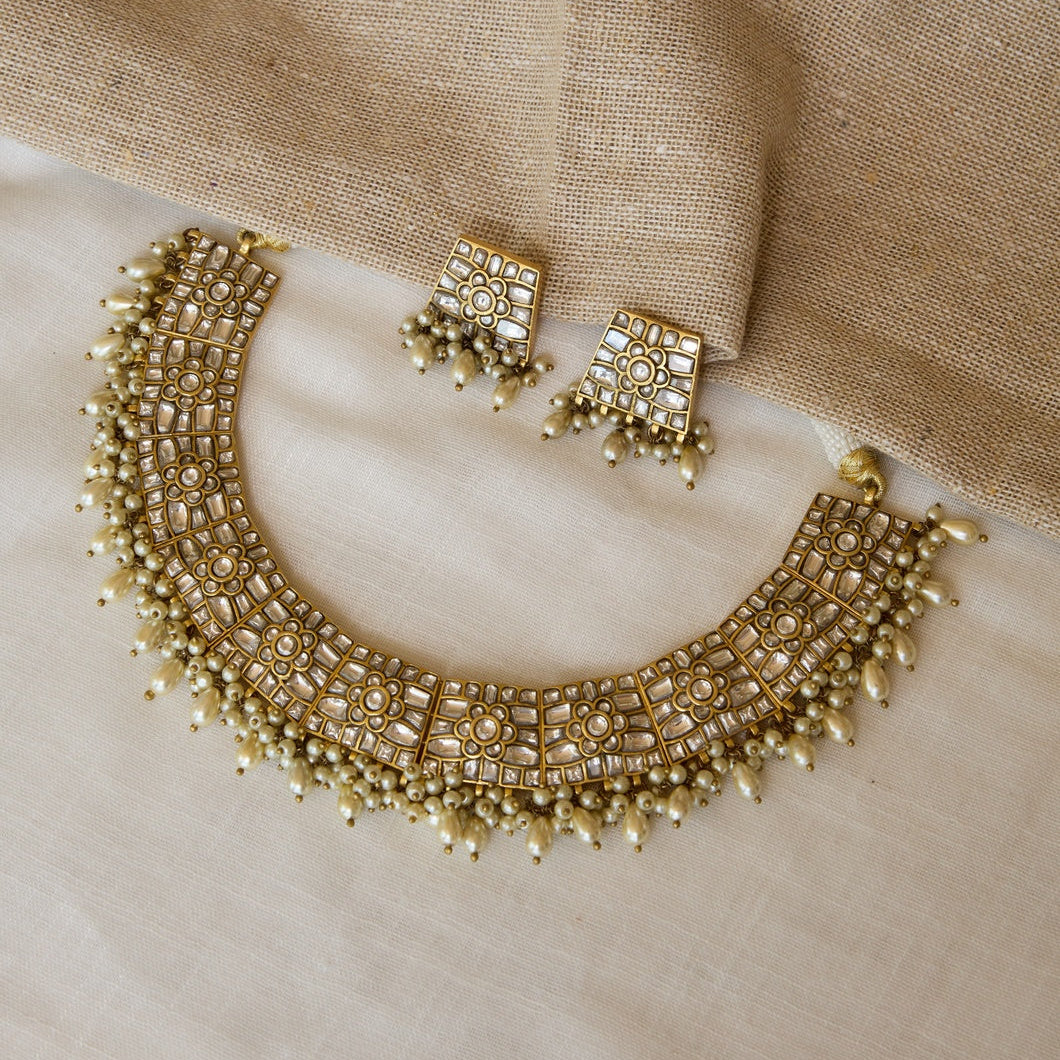 Polki Mosaic Bridal Choker Necklace and Earrings Set