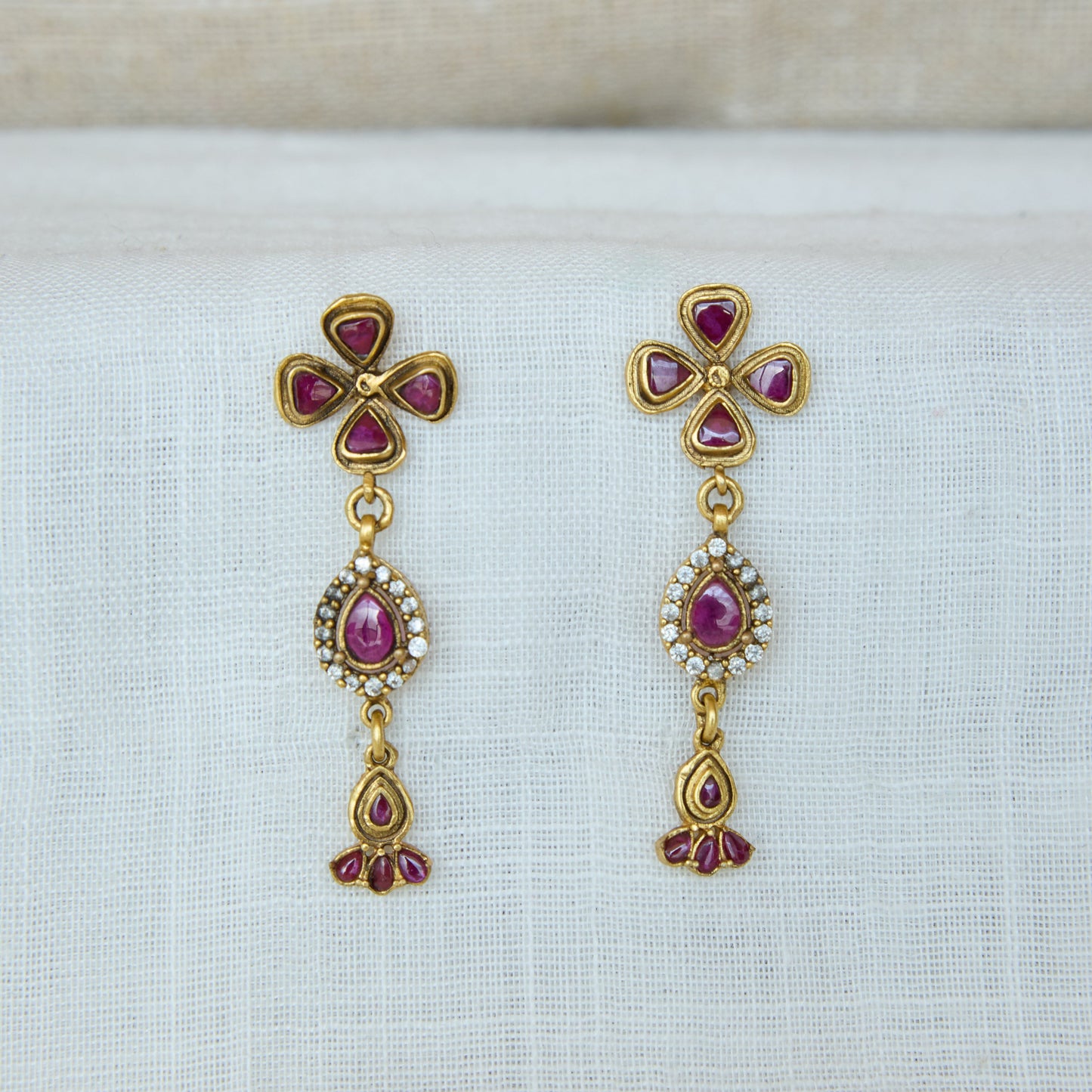 Antique Gold Finish Ruby Stone Drop Earrings