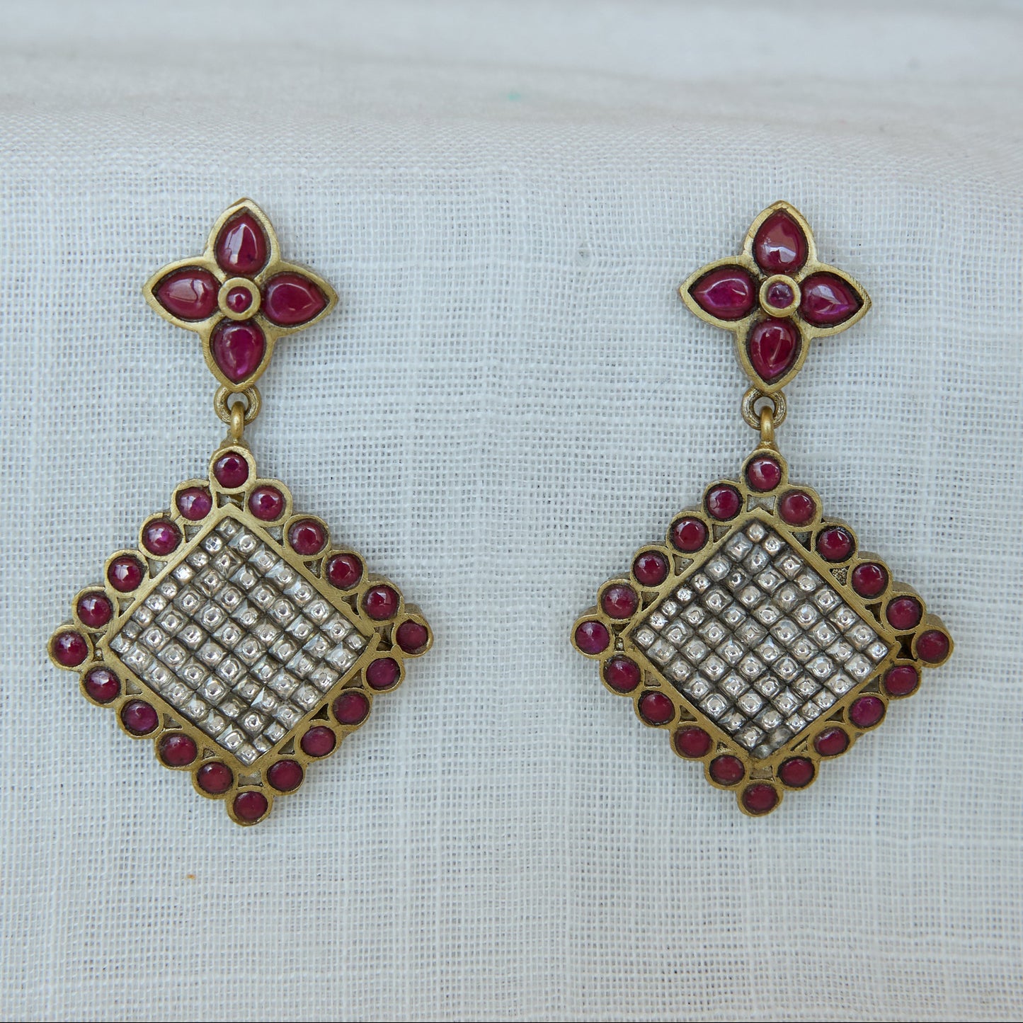 Antique Gold Finish Ruby Lattice Drop Earrings