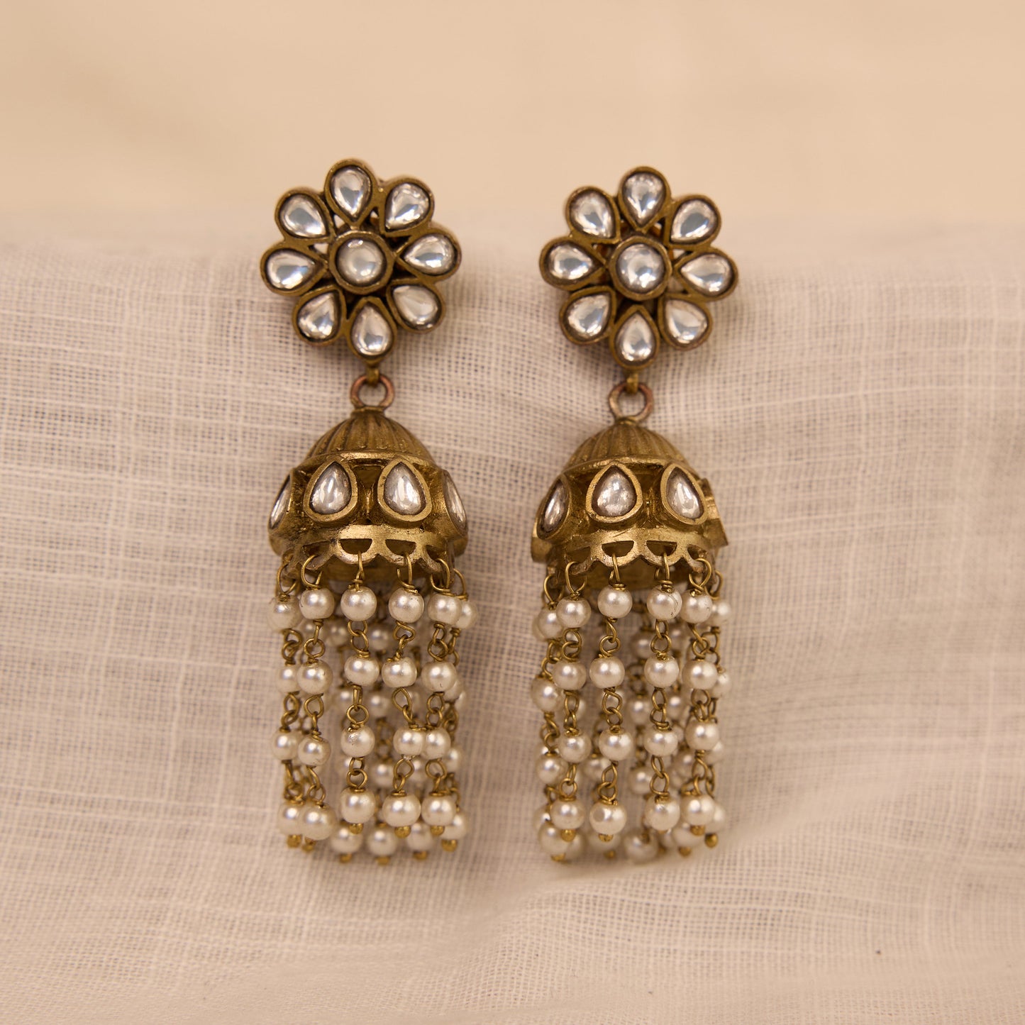 Polki Pearl Tassel Jhumka Earrings