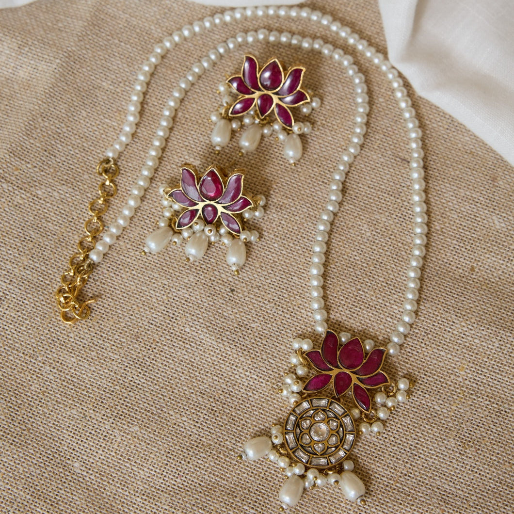 Lotus Polki Pearl Necklace and Earrings Set