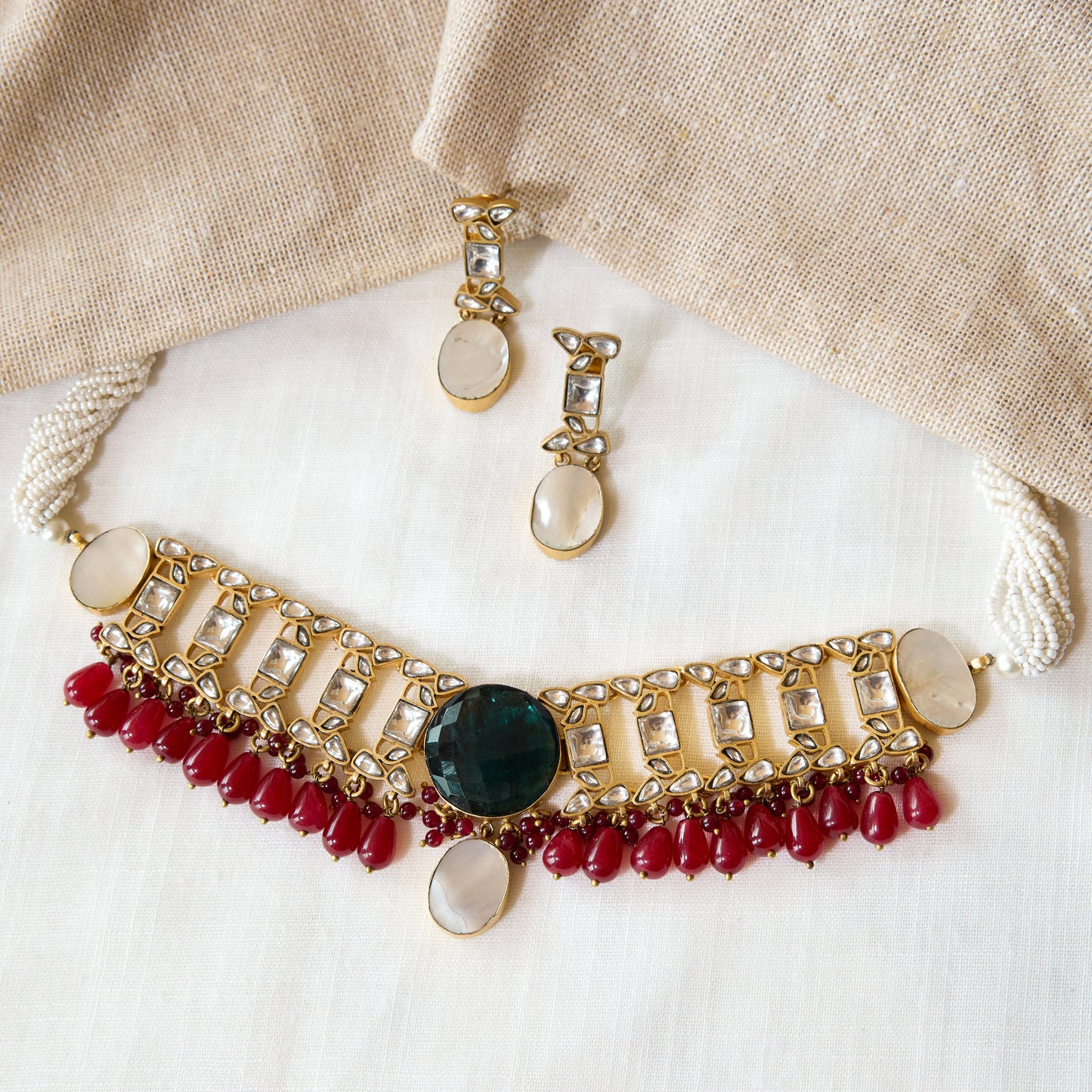 Polki Red Bead Statement Choker Set