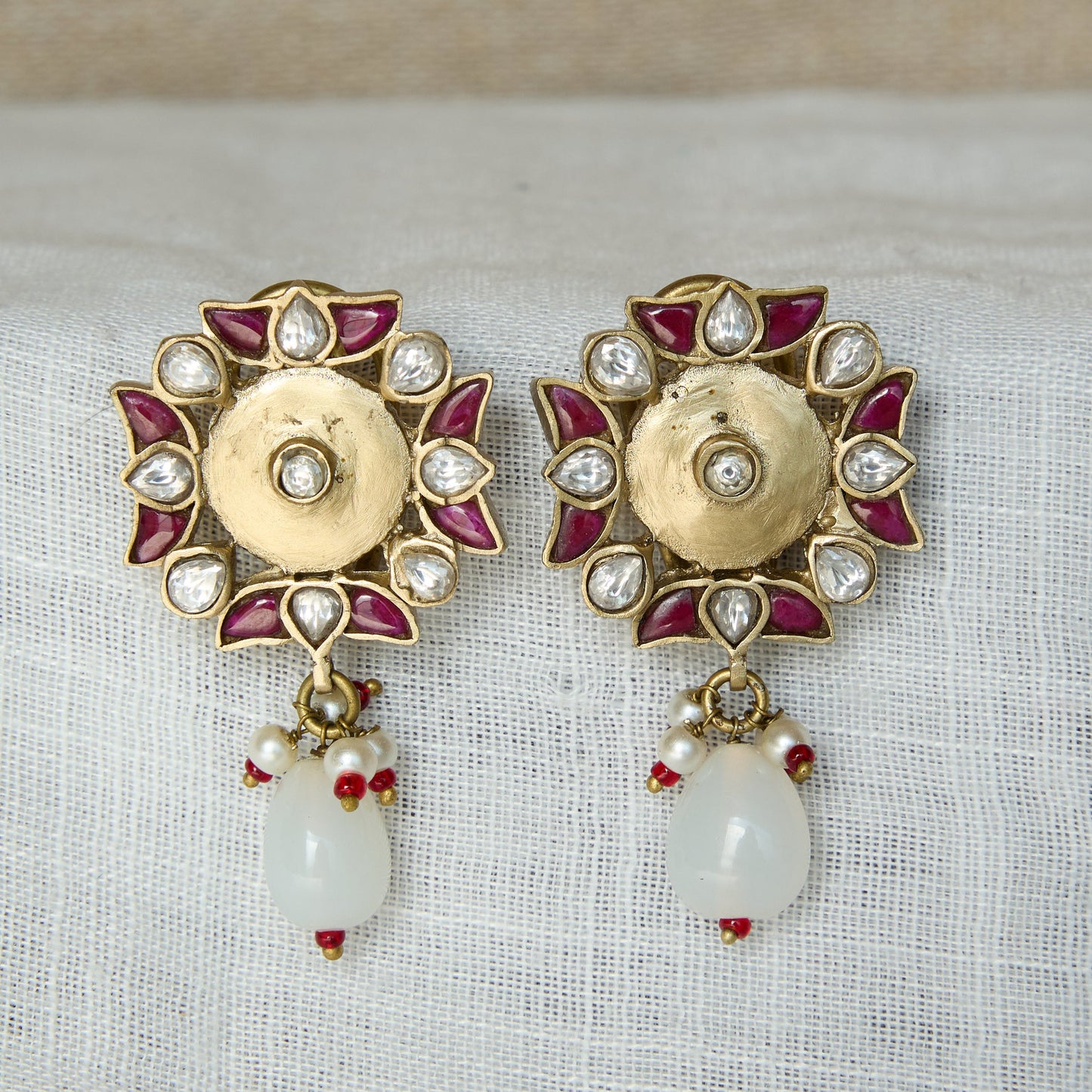 Antique Gold Finish Ruby Polki Halo Drop Earrings