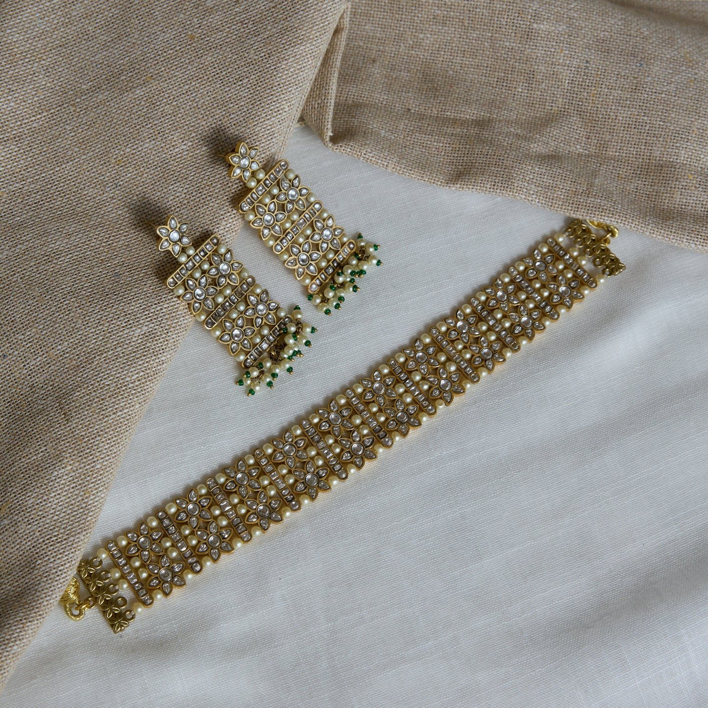 Polki Pearl Choker Necklace and Earrings Set