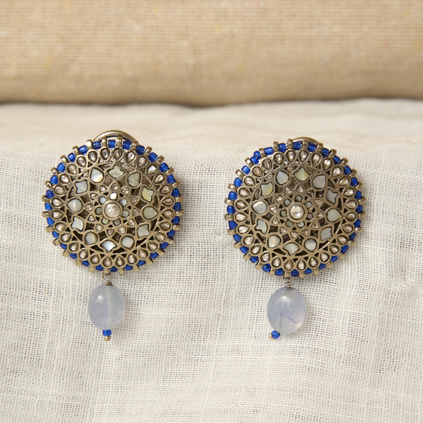 Antique Finish Blue Stone Filigree Stud Earrings