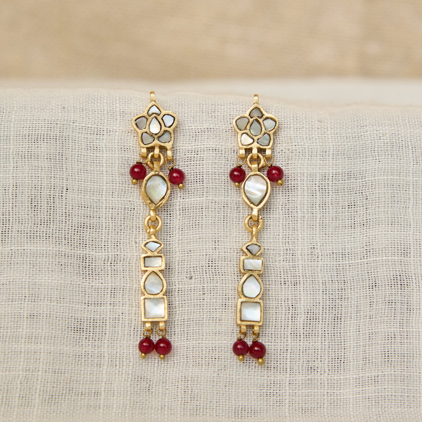 Mother-of-Pearl Linear Drop Earrings with Coral Beads