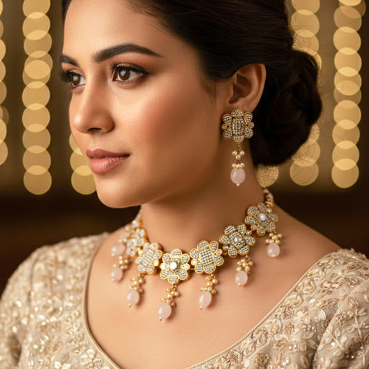 Floral Polki Blush Bead Choker Set - Malaiyyo