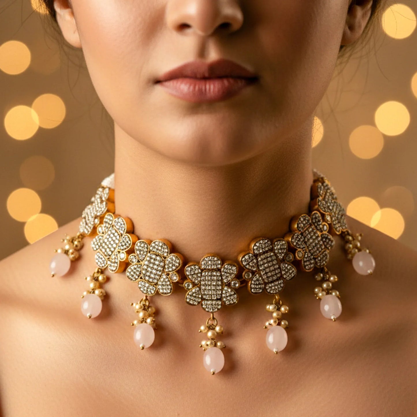 Floral Polki Blush Bead Choker Set - Malaiyyo