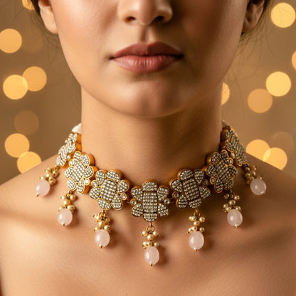Floral Polki Blush Bead Choker Set - Malaiyyo