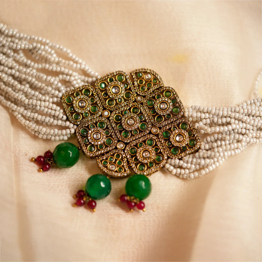Antique Polki Green Stone Pearl Choker Set - Malaiyyo