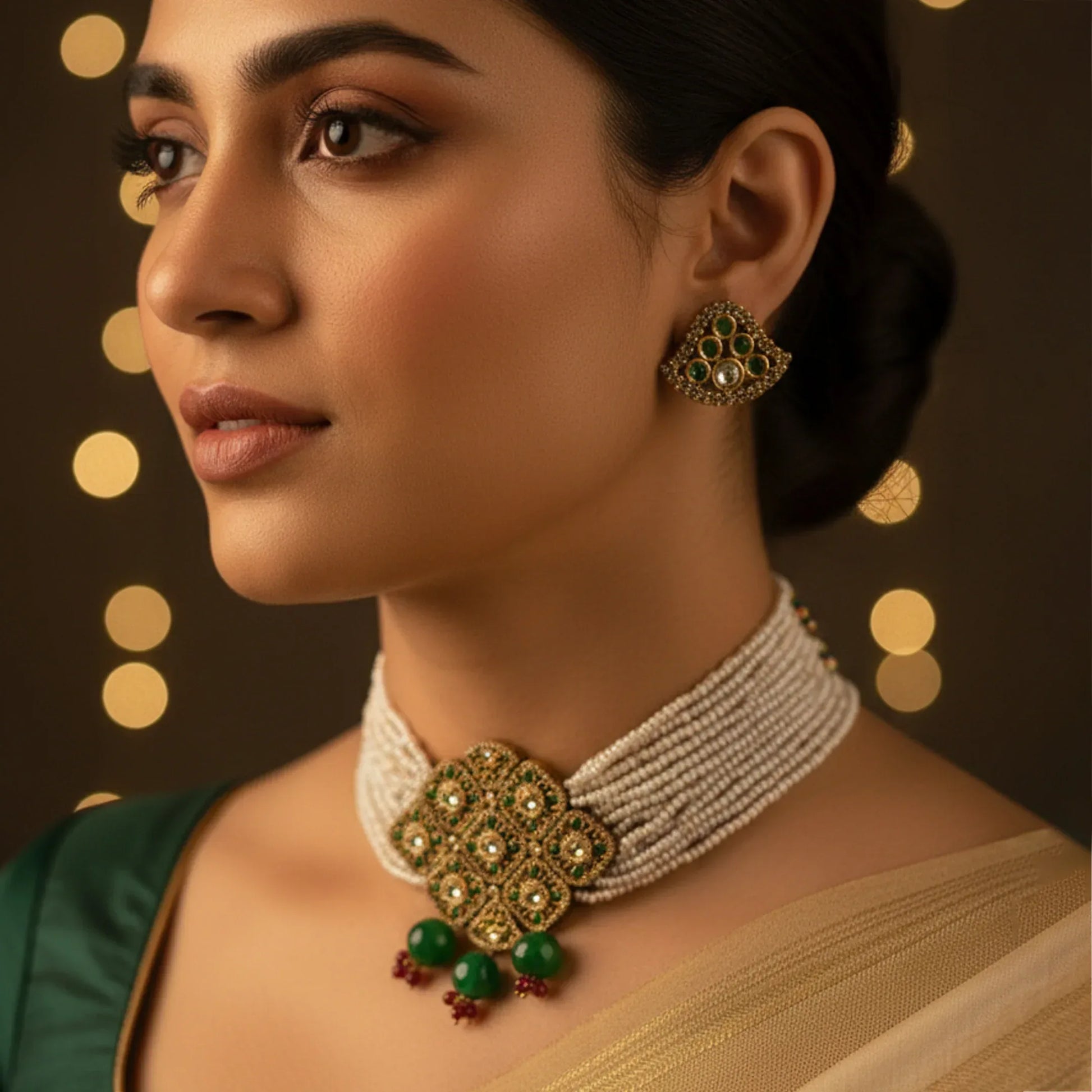Antique Polki Green Stone Pearl Choker Set - Malaiyyo