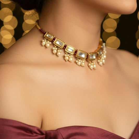 Regal Rectangular Polki Choker Set - Malaiyyo