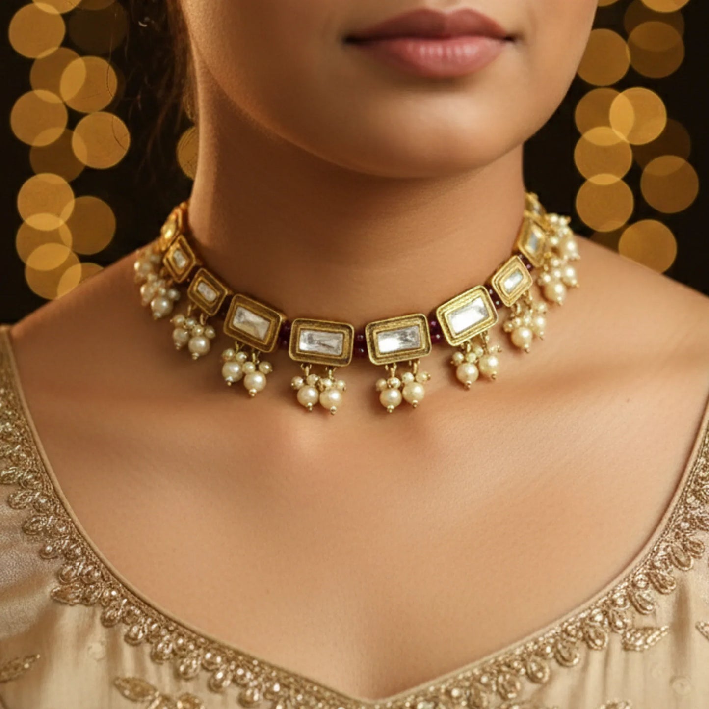 Regal Rectangular Polki Choker Set - Malaiyyo