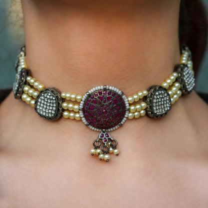 Black Rhodium Pearl Crystal Choker Set - Malaiyyo