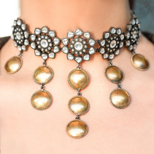 Black Rhodium Polki Dome Drop Choker Set - Malaiyyo