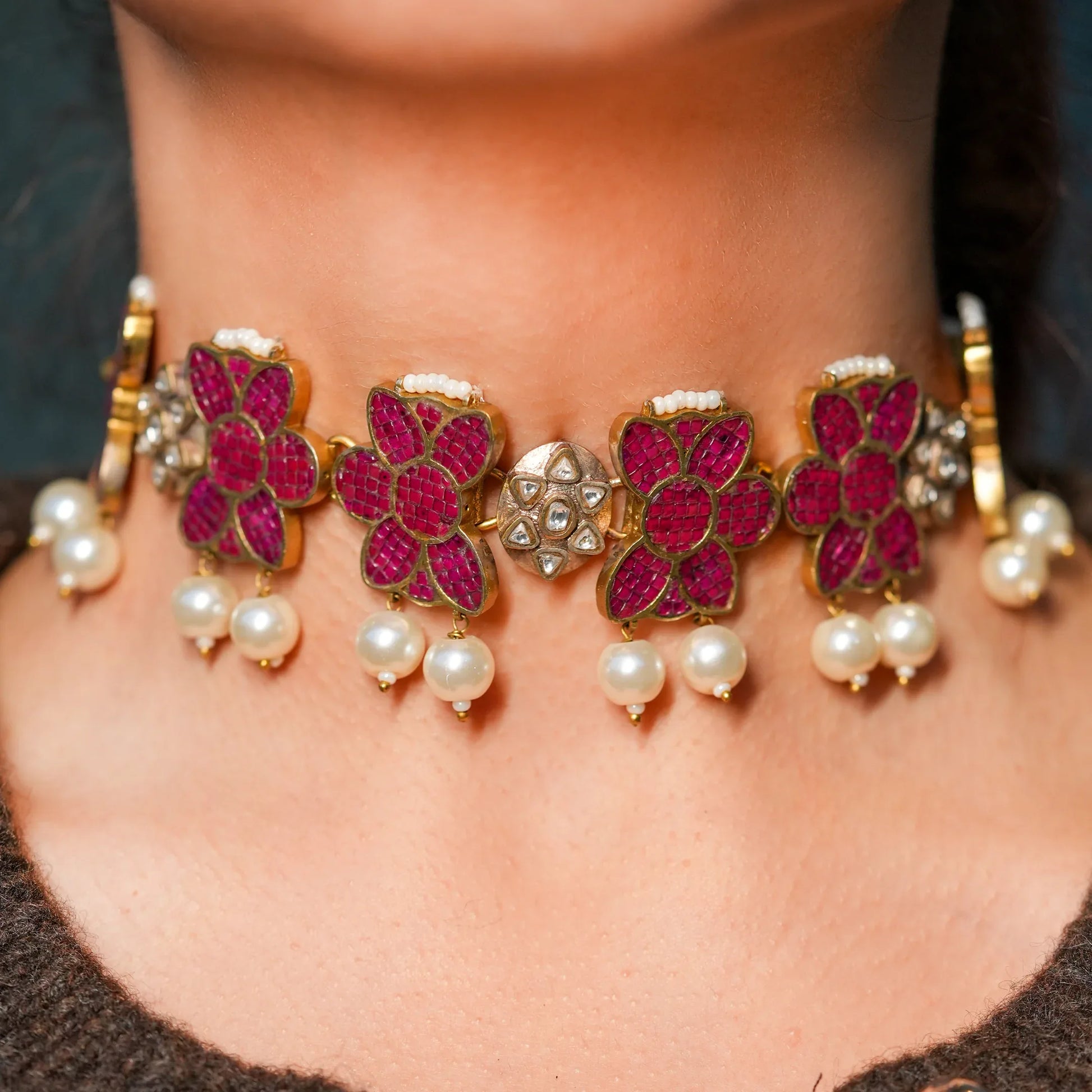 Ruby Floral Polki Pearl Choker Set - Malaiyyo