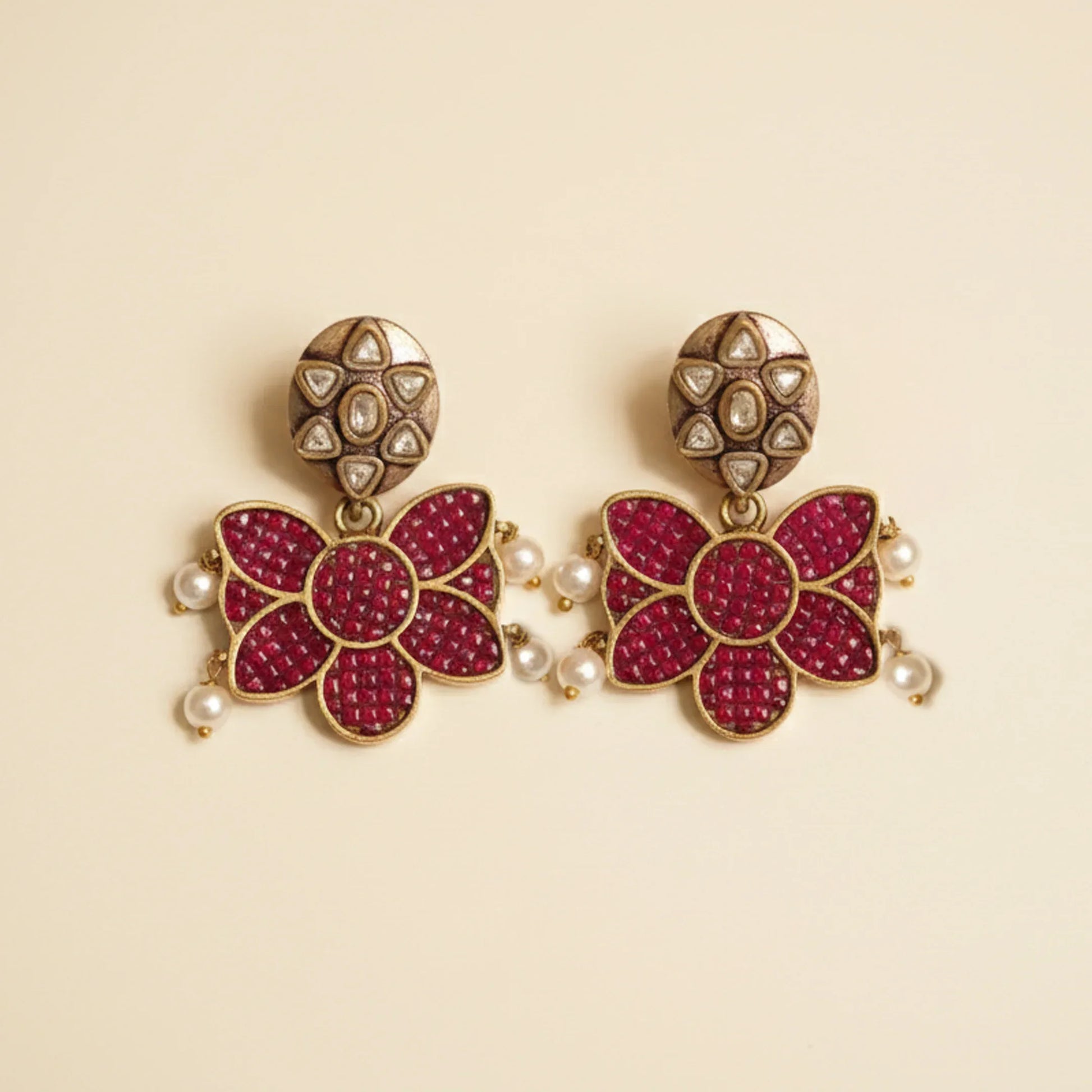 Ruby Floral Polki Pearl Choker Set - Malaiyyo