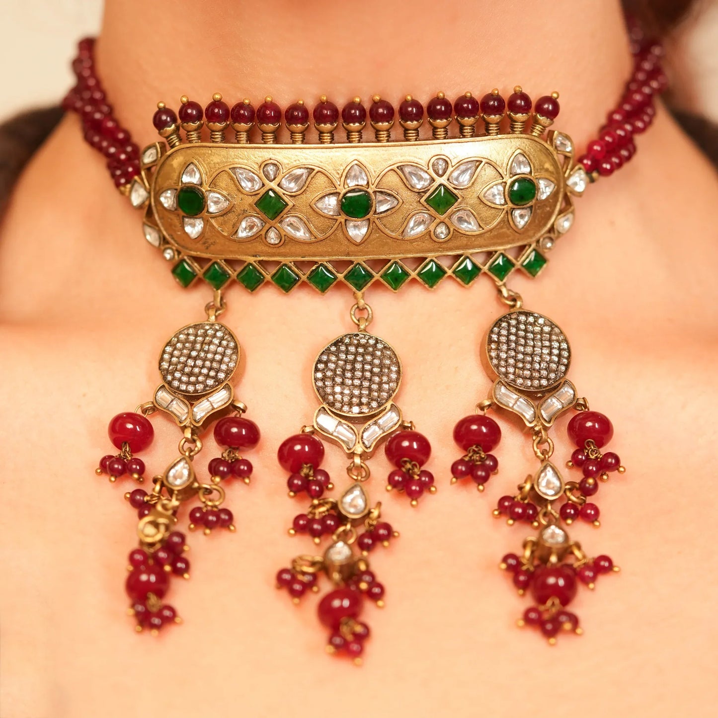 Emerald Ruby Polki Antique Choker Set - Malaiyyo