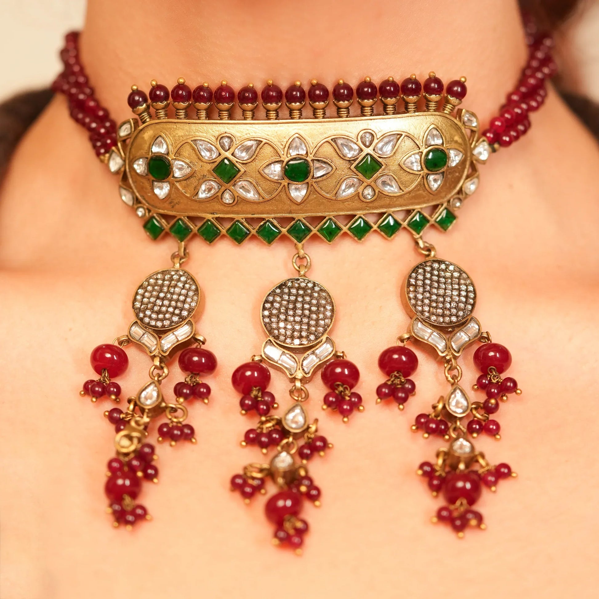 Emerald Ruby Polki Antique Choker Set - Malaiyyo