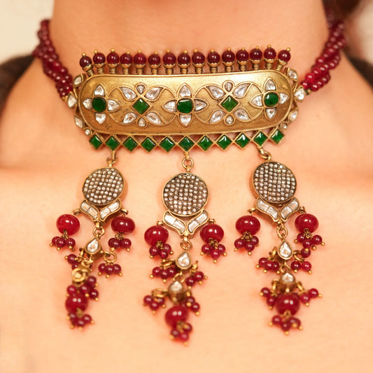 Emerald Ruby Polki Antique Choker Set - Malaiyyo
