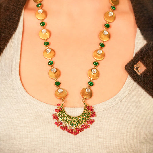 Green Stone Polki Enamel Necklace Set - Malaiyyo