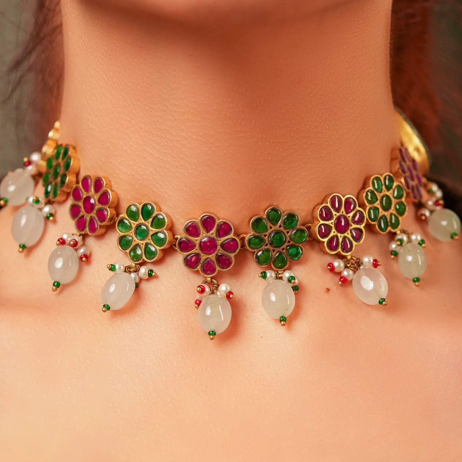 Ruby Emerald Enamel Polki Choker Set - Malaiyyo