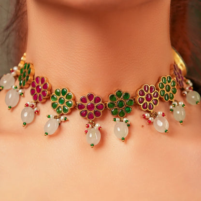 Ruby Emerald Enamel Polki Choker Set - Malaiyyo