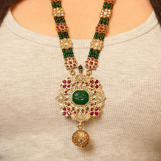 Antique Polki Green Pendant Long Necklace Set - Malaiyyo