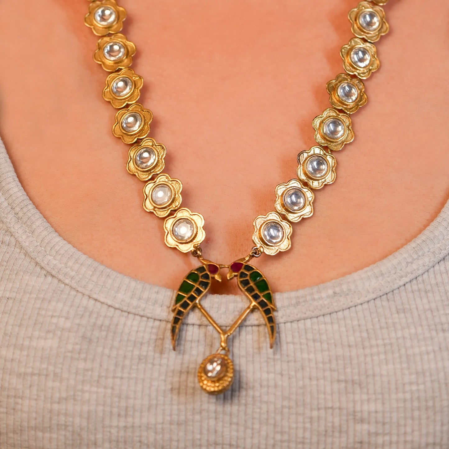Vintage Polki Long Chain Necklace Set - Malaiyyo