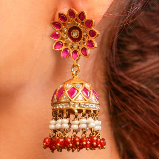 Pink Enamel Jhumka Earrings - Malaiyyo