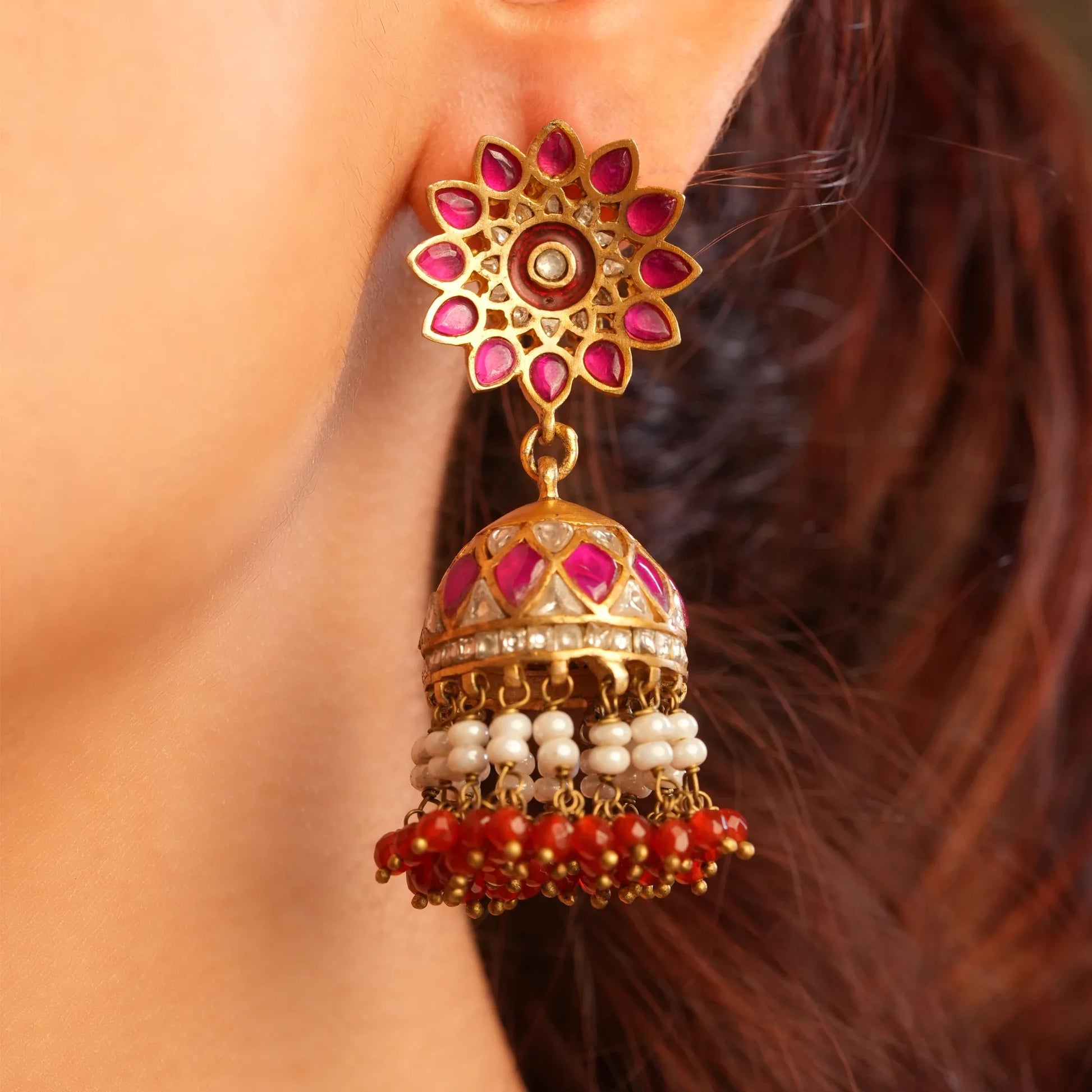 Pink Enamel Jhumka Earrings - Malaiyyo