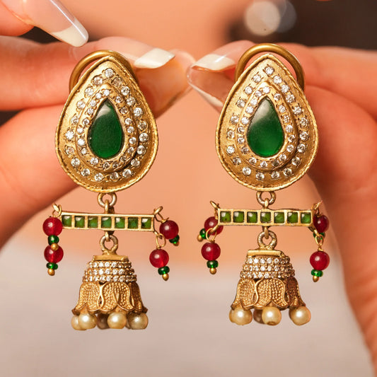 Emerald Teardrop Bar Jhumka Earrings - Malaiyyo
