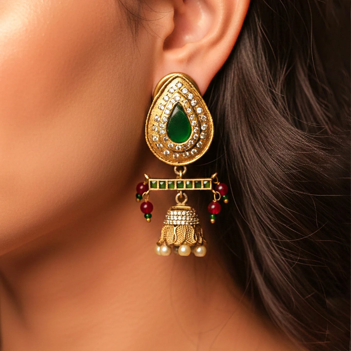 Emerald Teardrop Bar Jhumka Earrings - Malaiyyo