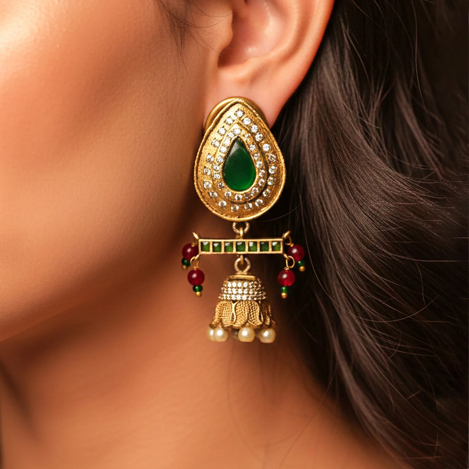 Emerald Teardrop Bar Jhumka Earrings - Malaiyyo